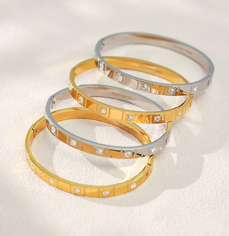 Stainless Steel Bracelet Bangle For Women Men 18k Gold Plated Inlaid Shiny Zircon Openable Unisex Bracelets Bangles Couples Gift