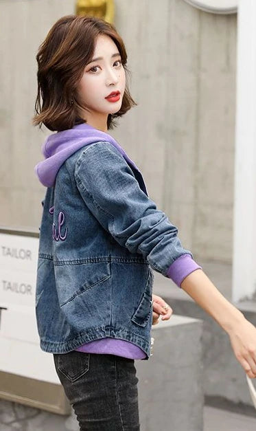 Outerwears Embroidered Spring Autumn Hooded Female Jeans Coat with Print Graphic Women's Denim Jackets Luxury Low Price Harajuku
