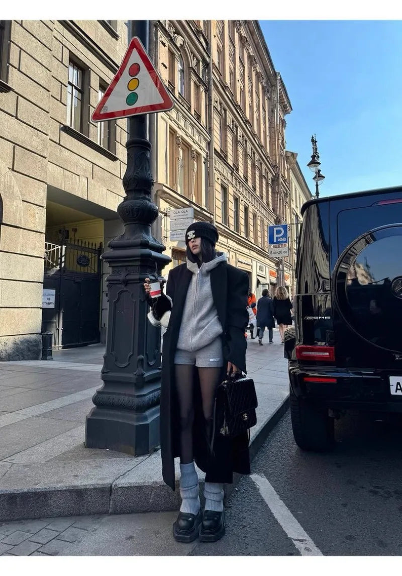 Sweater Set Women American Vintage Hooded Long Sleeve Cardigan Straight Shorts Grey Two Piece Outfit Fall Winter Streetwear Set