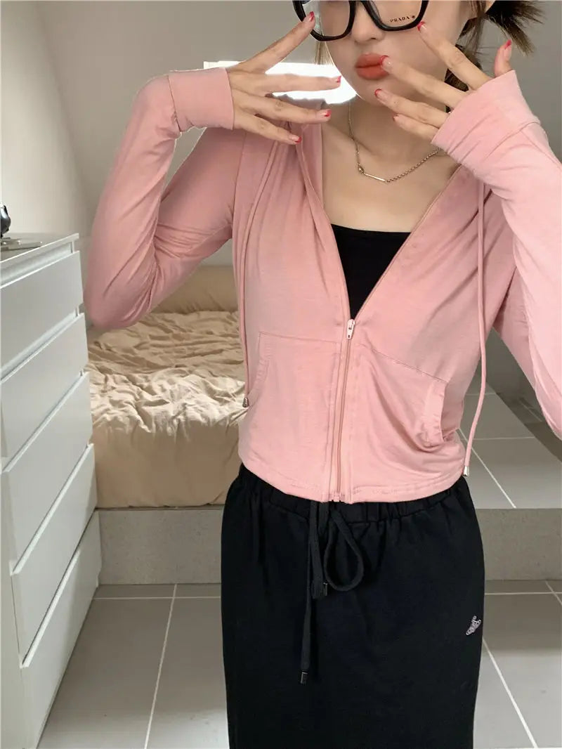 Hooded Jackets Women Thin Sunscreen Solid Fashion Summer Long Sleeve Cropped Coats All-match College Breathable Sporty Popular