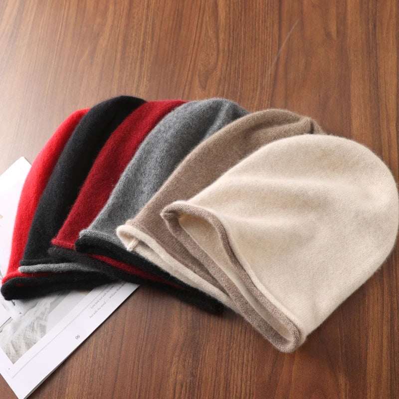 Winter Hat Regardless Of Gender 100% Merino Wool Knitted 2024 New Women's Soft Warm Bean Hat Fashion Outdoor Curly-brimmed Hat
