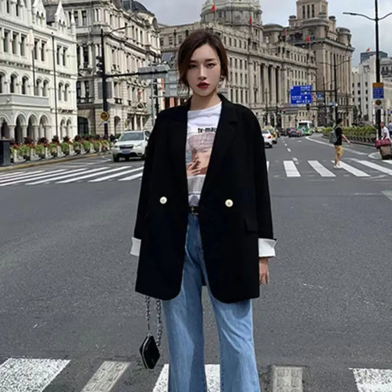 Long Blazers Woman Spring Casual Office Lady Lapel Double-breasted Slim-fit Elegant Solid Color Fashion Outerwear Minimalist