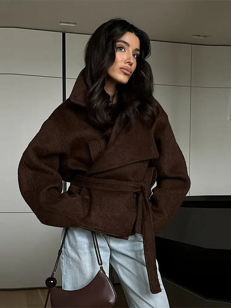Women's Coat Elegant Laple Woolen Lace Up Belt Pocket Thicken Full Sleeve Female OverCoat 2025 Autumn Winter New Lady Outwears