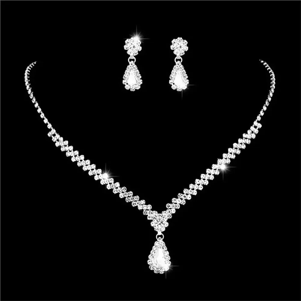 Wedding Dress Crystal Jewelry Set Shiny Banquet Ladies Rhinestone Necklace Earrings Bride Jewelry Gifts