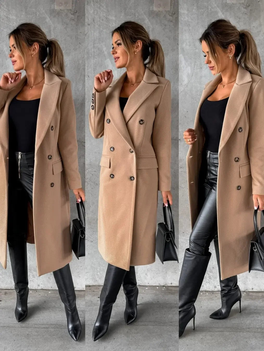 Women Double Breasted Woolen Outerwear Solid Color Long Overcoat Commuter Style Turndown Collar Lady Outerwear for Autumn Winter