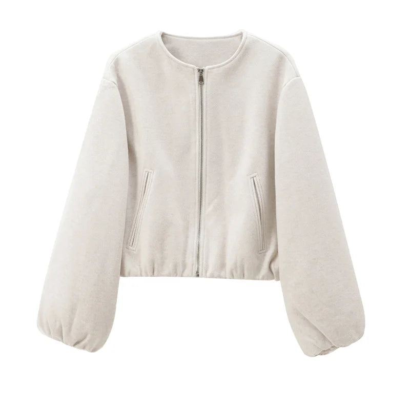 HXAO Outerwears Cropped Bomber Jacket Women Autumn Long Sleeve Faux Wool Coats For Woman Winter Zip Up Gray Beige Short Coats