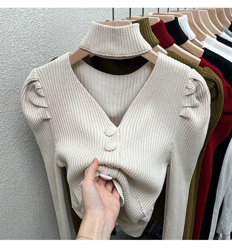 Red Sweater Knitted Sweater Women's Inner Layering Shirt with Unique Unique V-neck Halter Top Design for Autumn and Winter