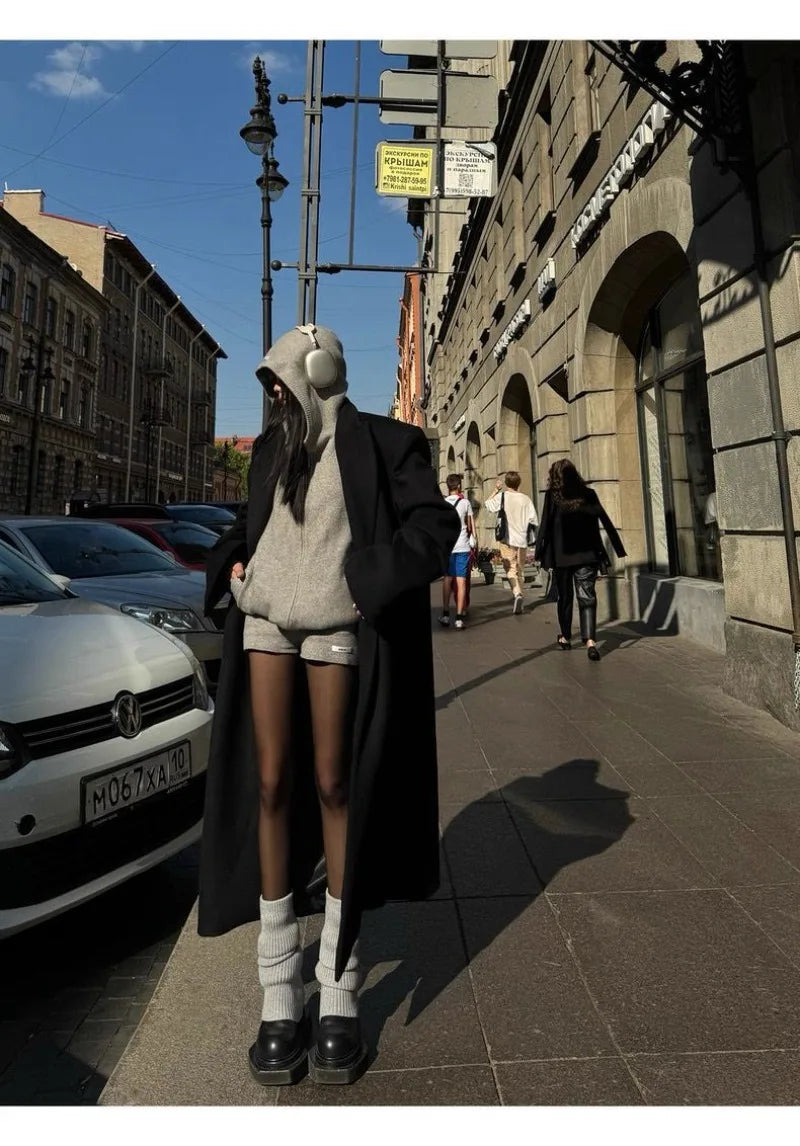 Sweater Set Women American Vintage Hooded Long Sleeve Cardigan Straight Shorts Grey Two Piece Outfit Fall Winter Streetwear Set