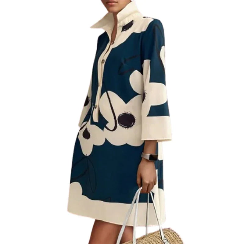 Women Floral Printed Elegant Evening Dresses  NEW Spring Long Sleeves Loose Urban H-line Lapel Shirts Mini Dress