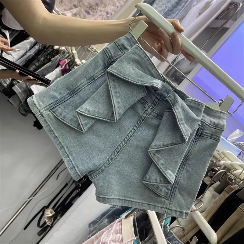 Cute Bow Splicing Denim Shorts for Women Summer High Waist Jeans Hip-lifting Hot Pants Booty Shorts