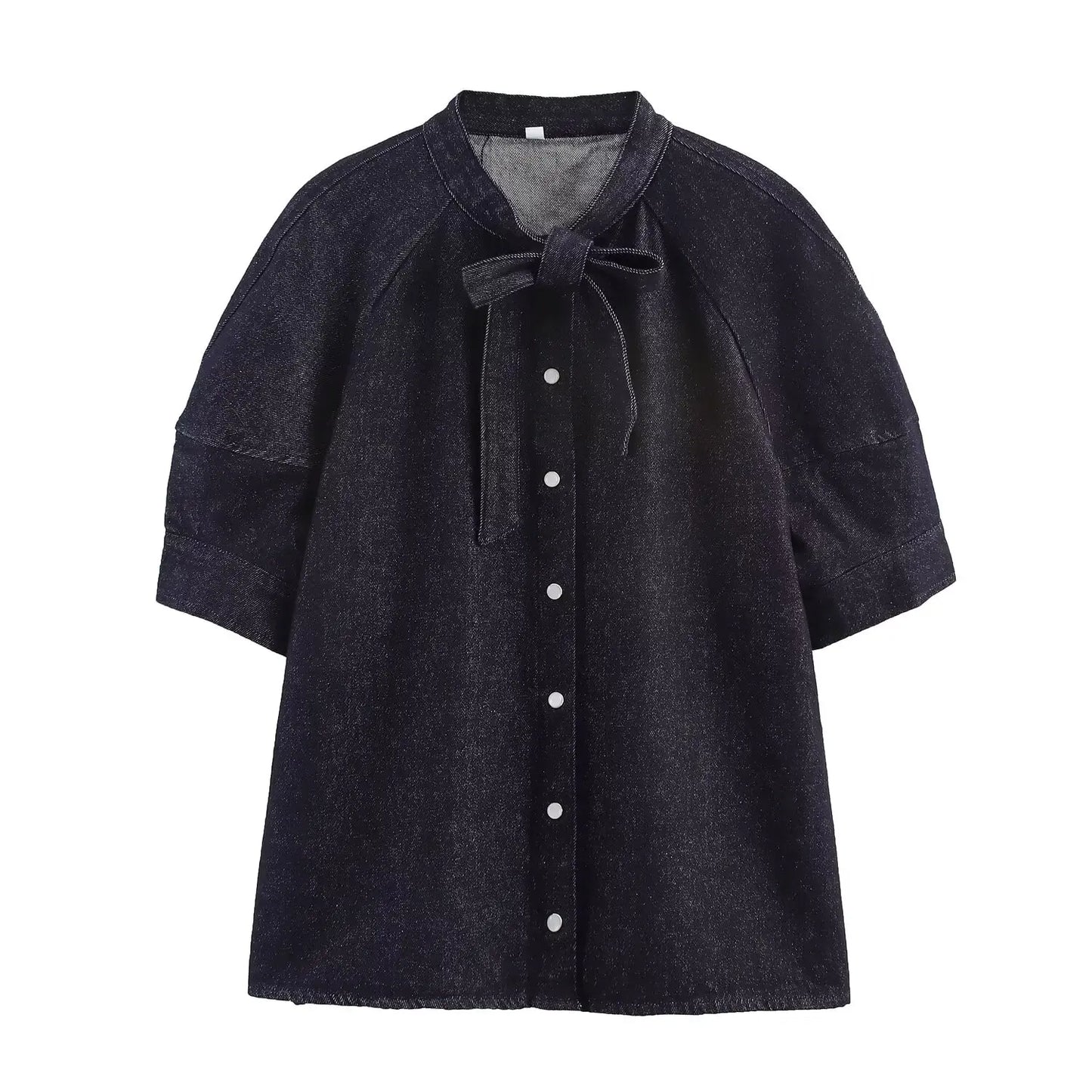 HH Women Casual Suits Bow Decoration Single-breasted Shirt+Zipper Pleated Elastic Waist Midi Skirt Denim Solid Skirt Sets