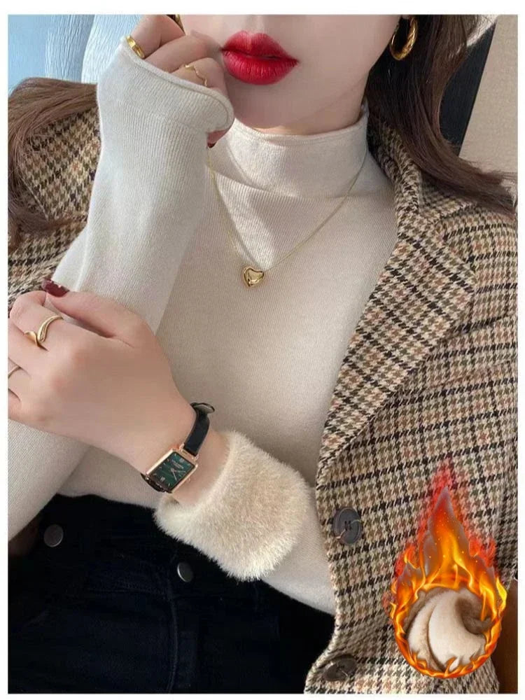2025 Sweater For Women Casual Thick Warm Knit Plush Velvet Lined Pullover Tops Fall Winter Soft Knitwear Jumper New Slim Poleras