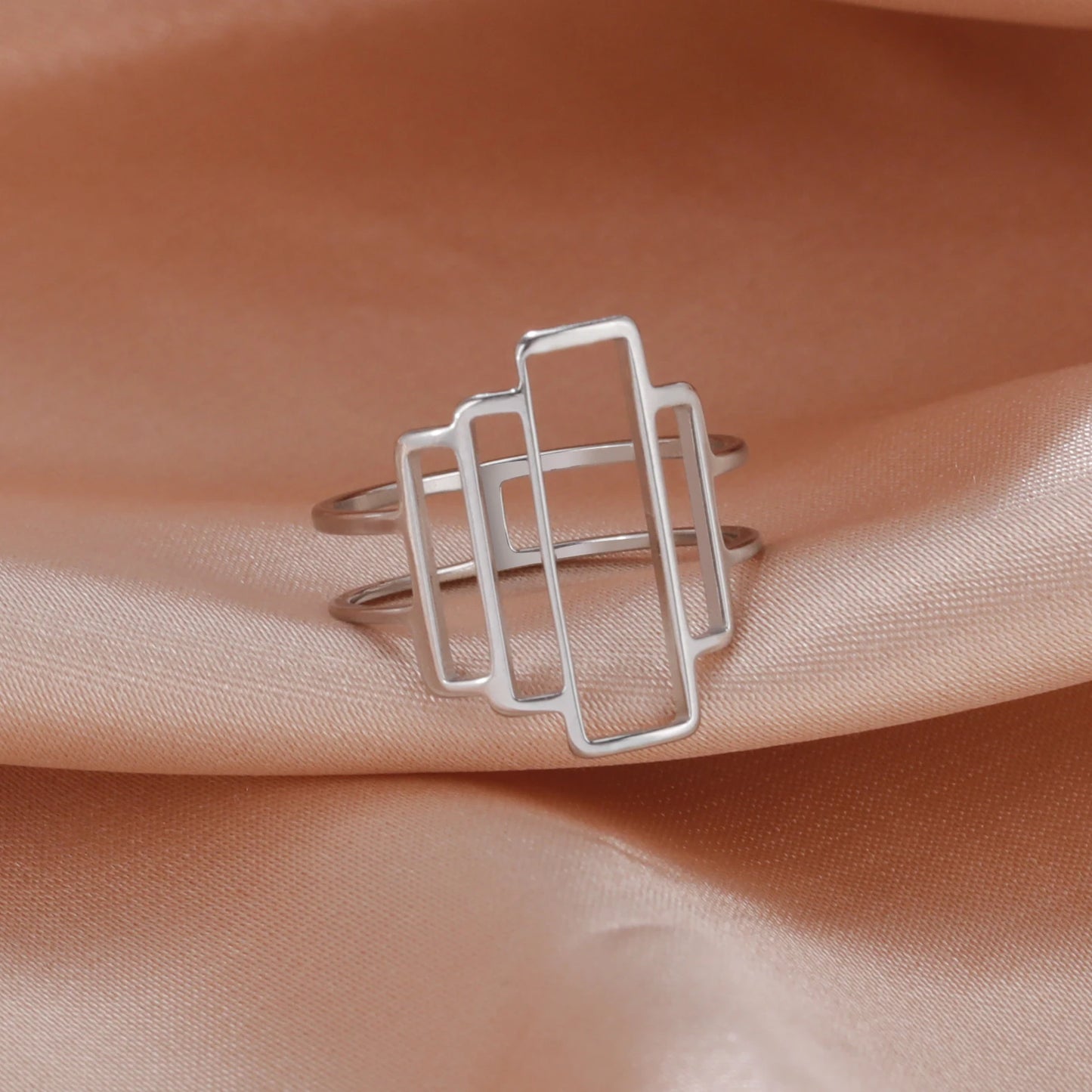 Fashionable and minimalist rectangular geometric ring with hollowed out lines geometric building ring minimalist couple ring