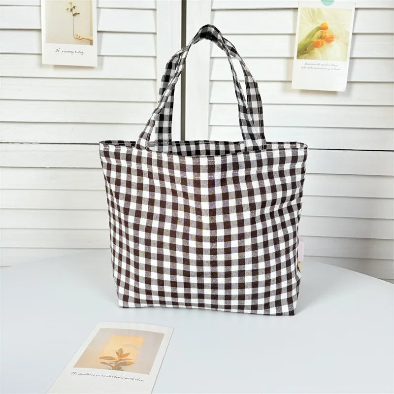 Portable Women's Bento Handbags Simple Plaid Ladies Small Tote Purse Shoulder Bags Retro Female Cloth Reusable Shopping Bag