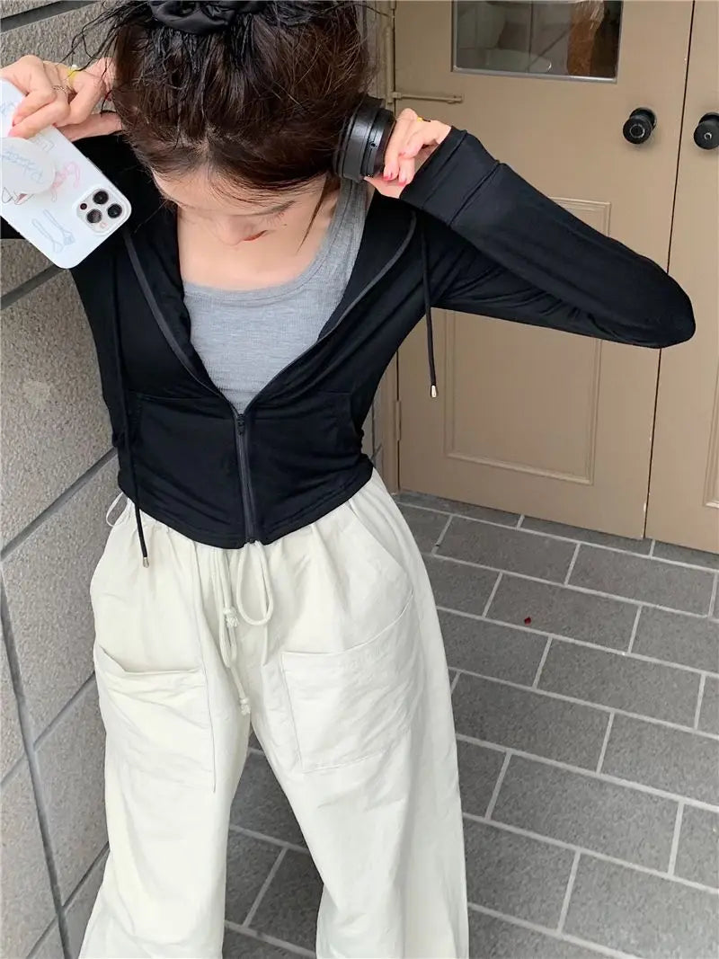 Hooded Jackets Women Thin Sunscreen Solid Fashion Summer Long Sleeve Cropped Coats All-match College Breathable Sporty Popular