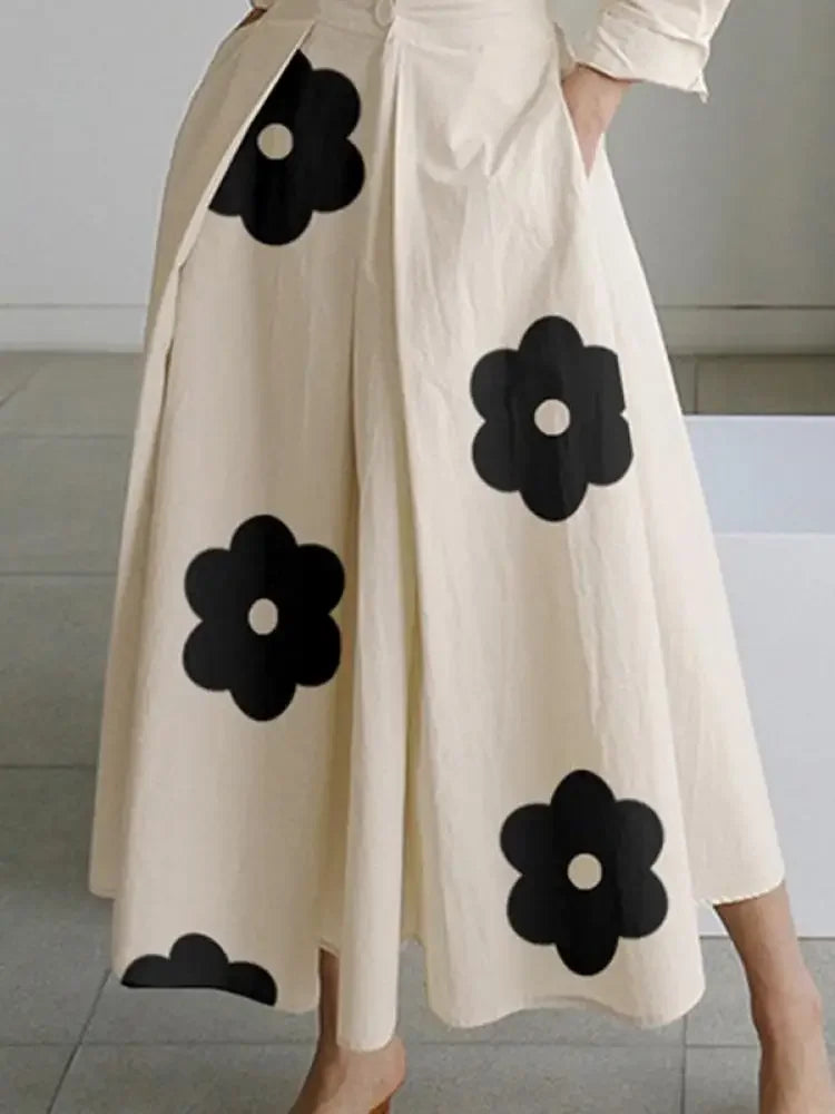 Women Stylish Floral Printed Lapel Elegant Party Evening Dress 2024 New Spring Long Sleeve Pleated A-Line Midi Dresses