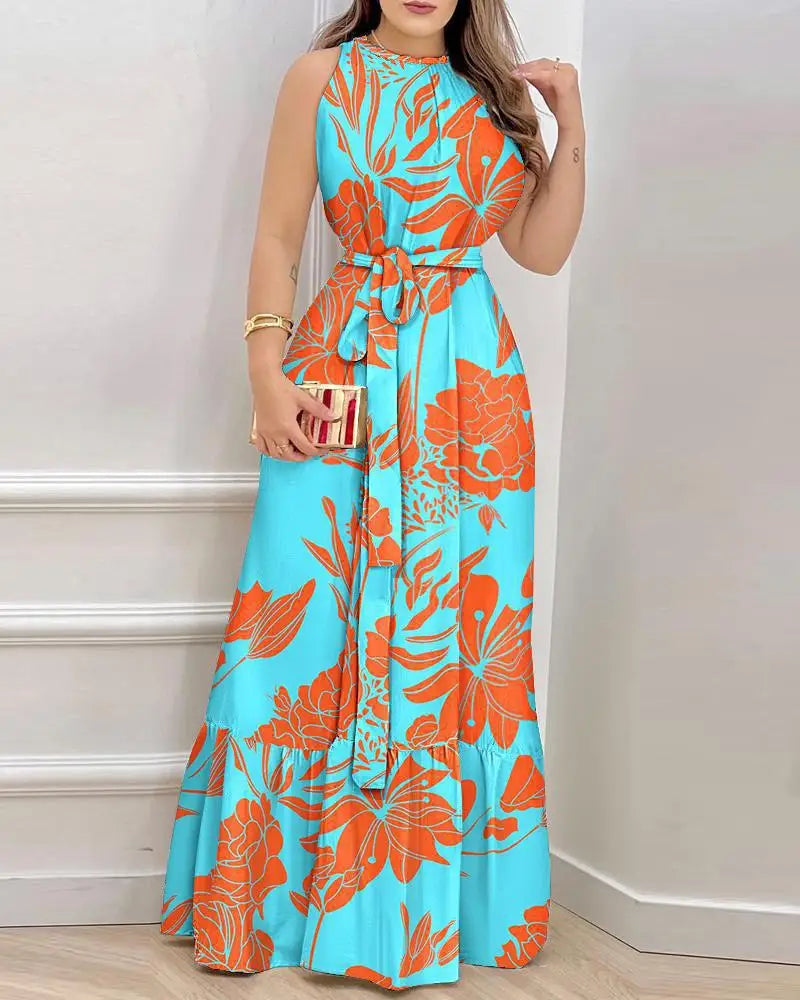 2025 Women's Elegant Floral Print Long Dresses Spring Summer Lace up Print Strap Dress Holiday Beach Female Robe Vesido Mujer