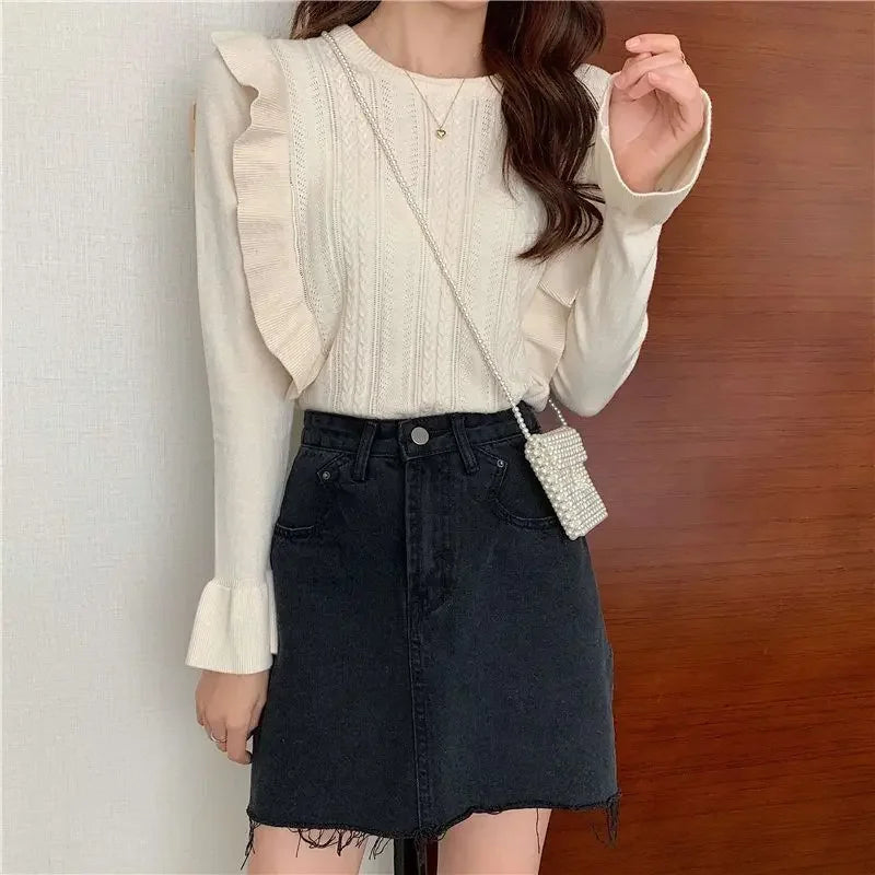 Ladies Sweaters Pullovers Round O Neck Grey Knitted Top for Women Jersey Winter 2025 Jumper Economics Long Sleeve Thermal Blouse
