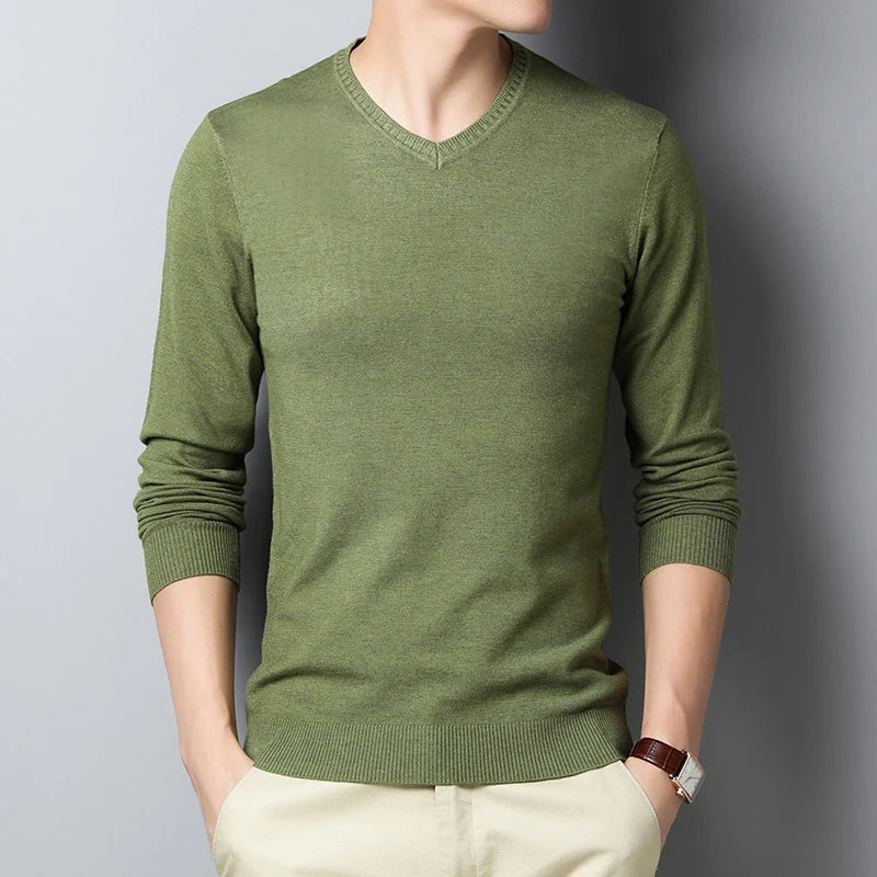 Sweater men's solid color sweater V-neck sweater thin design spring and autumn winter knitted base sweater