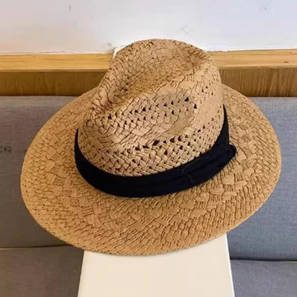 Straw Western Cowboy Hat for Women Men Classic Vintage Hollow Out Unisex Curled Wide Brim Sun Hat Fishing Hat Climbing Cap