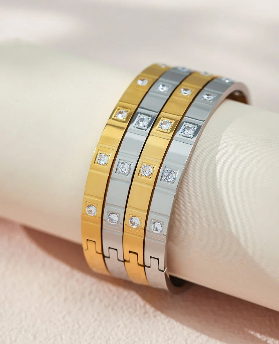 Stainless Steel Bracelet Bangle For Women Men 18k Gold Plated Inlaid Shiny Zircon Openable Unisex Bracelets Bangles Couples Gift