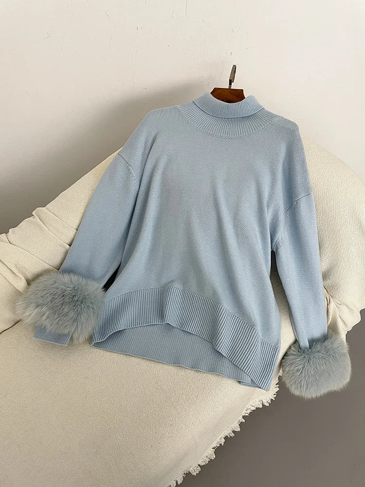 Sweater Women 2024 Autumn Winter Fashionable Sweaters with Real Fox Fur Sleeves Slim Fit Sweaters Fur Knitwear England Style