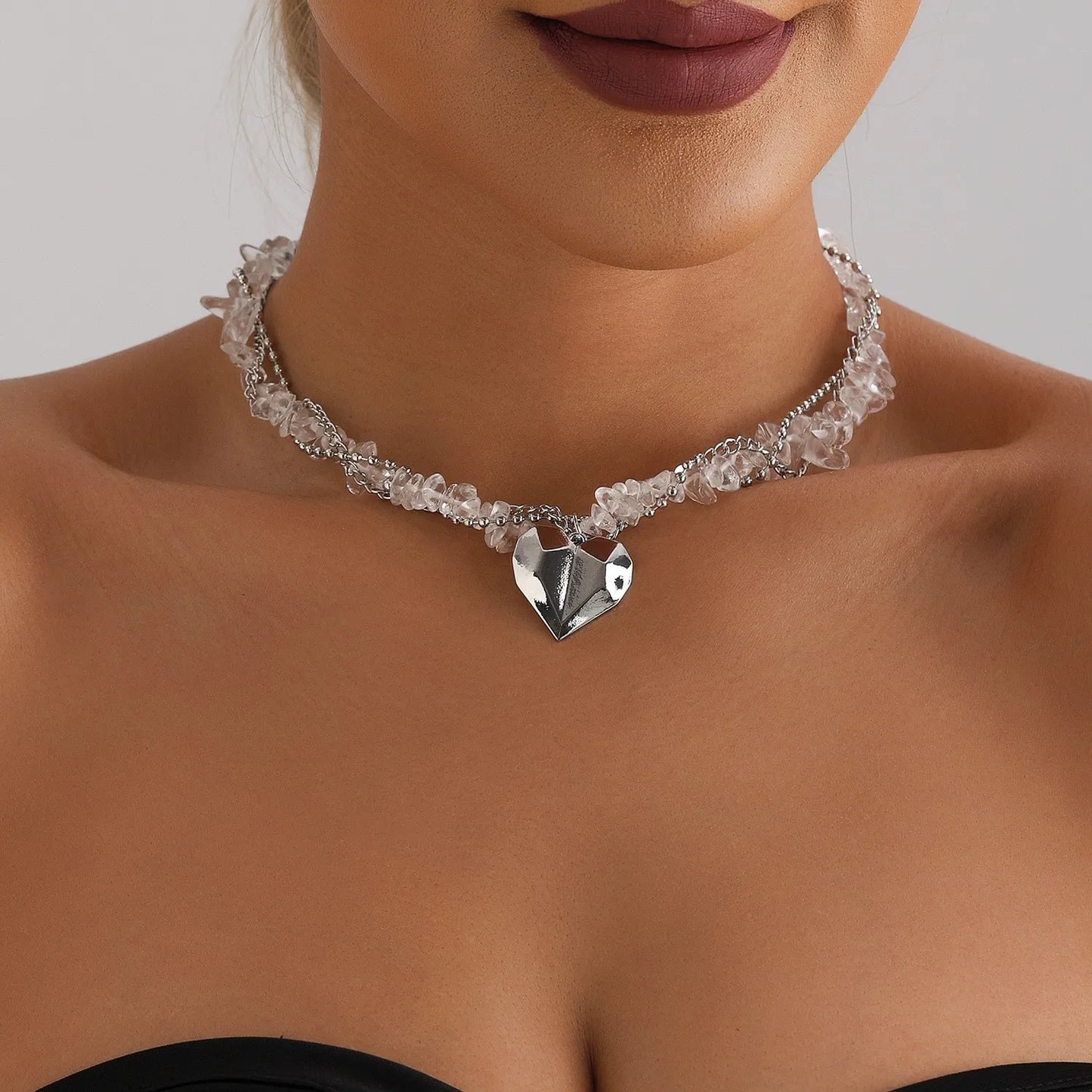 Y2K Heart Beaded Necklace Women Boho Irregular Crystal Class Gravel Clavicle Chain Cool Y2K Choker Exquisite Fashion Jewelry