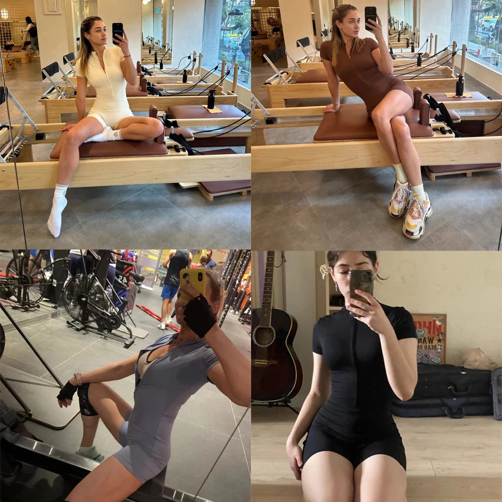 Women's High Elastic Yoga Bodysuit One-Piece Stand Collar Short Sleeve Gym Cycling Workout Sportswear