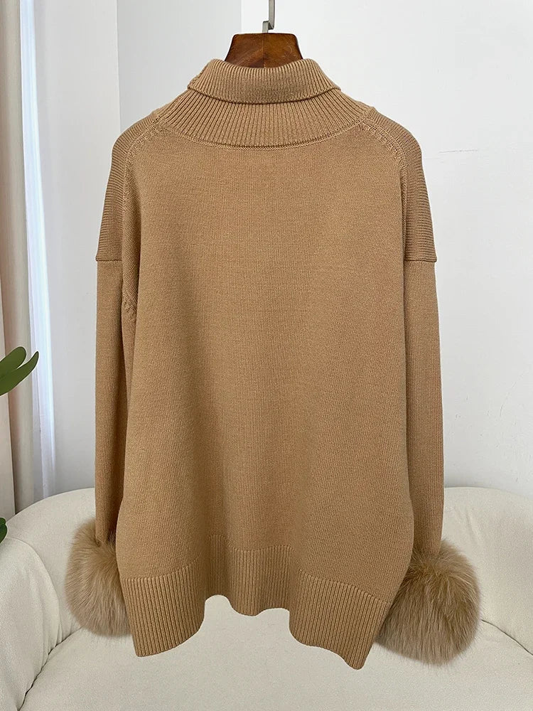 Sweater Women 2024 Autumn Winter Fashionable Sweaters with Real Fox Fur Sleeves Slim Fit Sweaters Fur Knitwear England Style