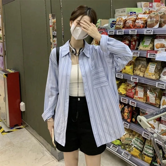 Striped Shirts & Blouses For Women Elegant Chic High Quality Clothing Trend 2025 Pretty Promotion Youth Cool Button Up Woman Top