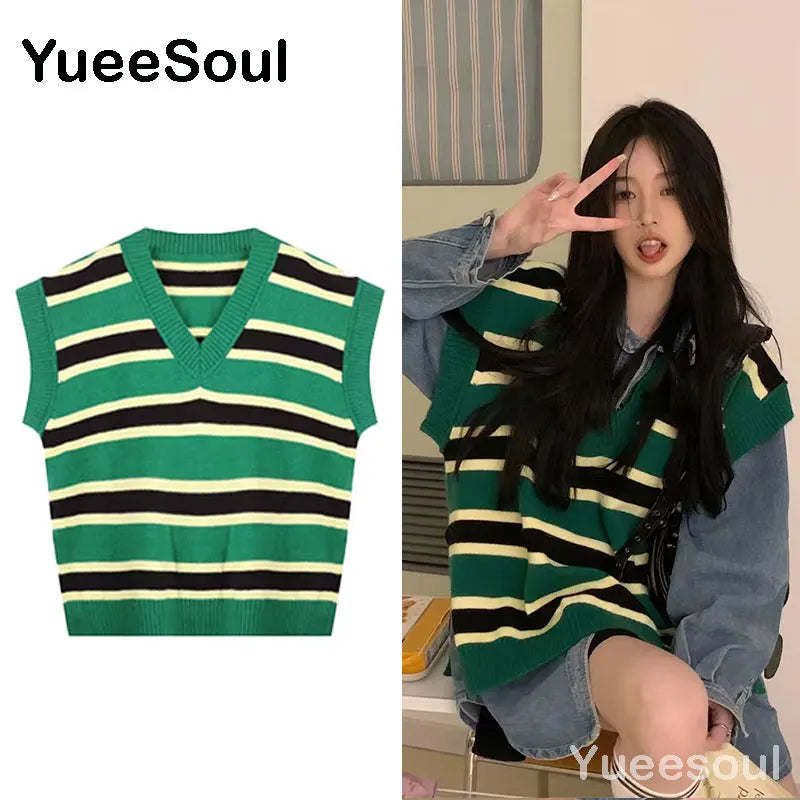 Sweet Kawaii Sweater Vest Printed Sleeveless Casual Outerwear Knitted Waistcoat 2023 Vintage Y2K Spring  E Girl Pullovers Tops