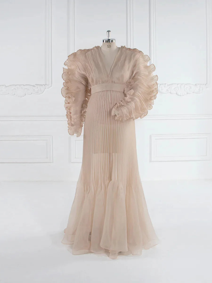 Maternity Dress for Pregnant Women for Photo Shoot V Neck Pleated Organza Long Flowy Maternity Dresses for Pregnant Photography