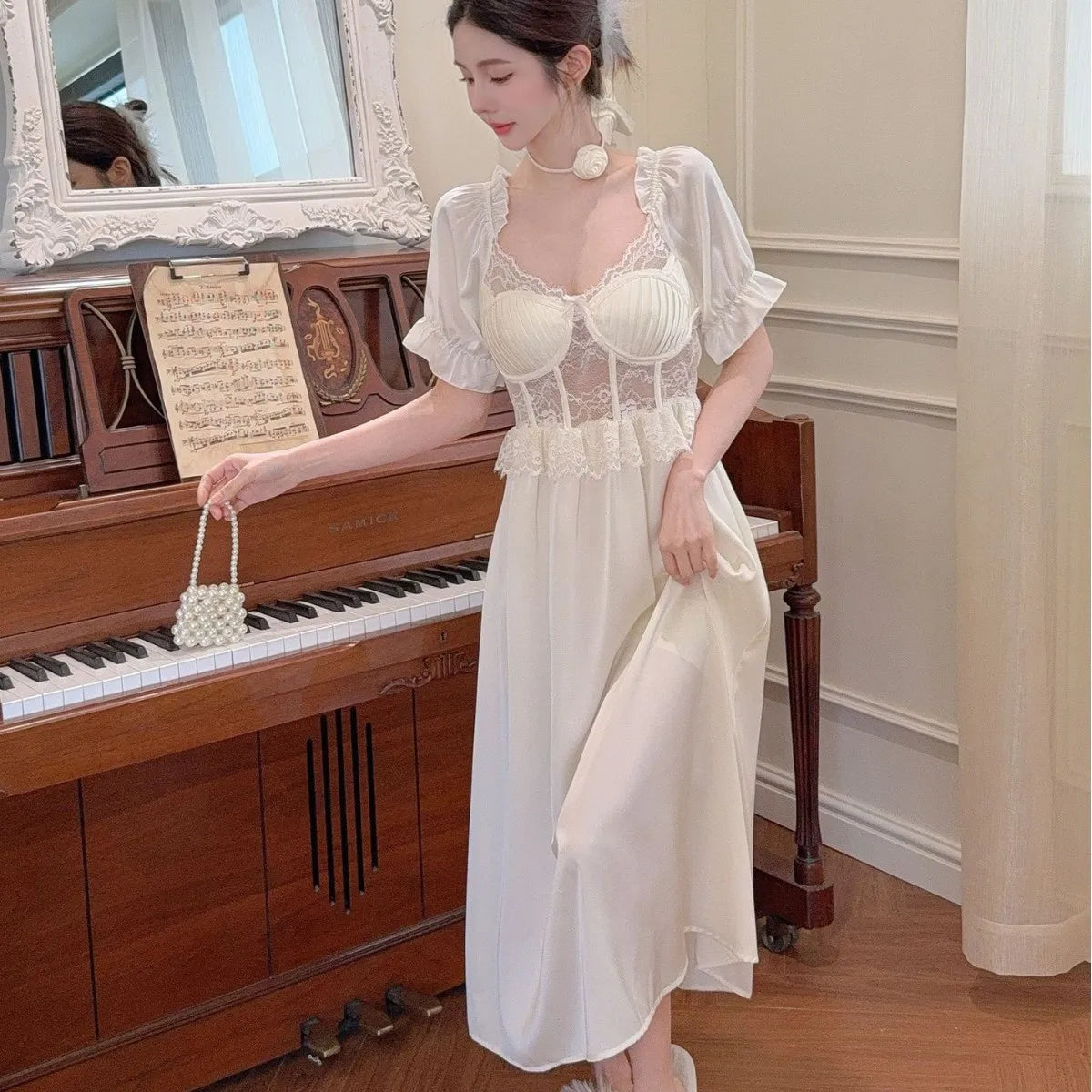 Women Long Nightgown Sleepwear Elegant Retro Court Style Nightdress Home Dressing Gown Spring Summer Rayon Sexy Lace Loungewear