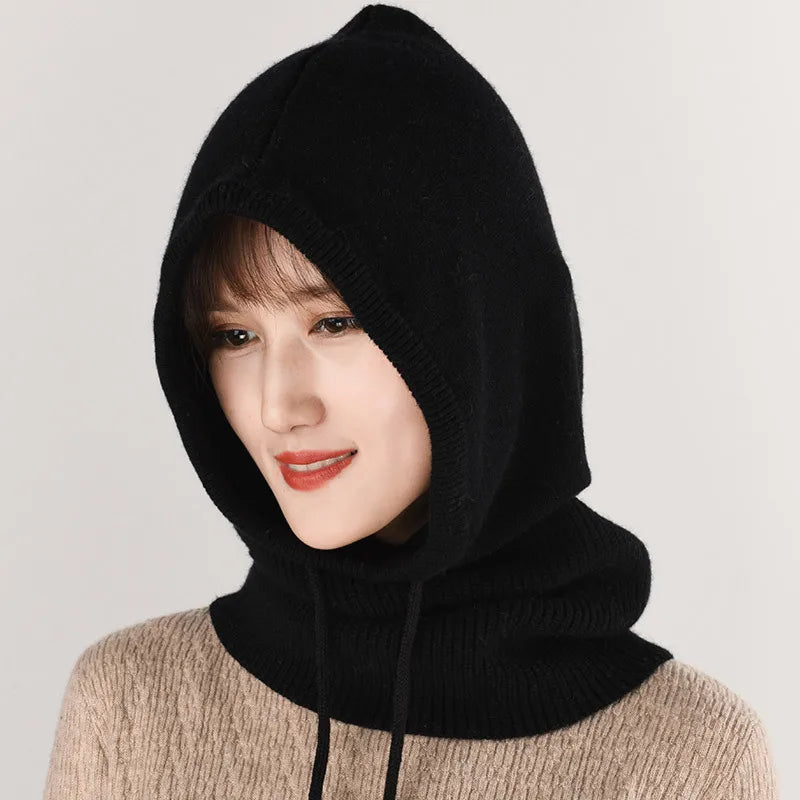 Winter Hats for Women, Wool Blend Hooded Scarf Hat for Girls Balaclava Knit Skull Cap Beanie Hat Neck Gaiters