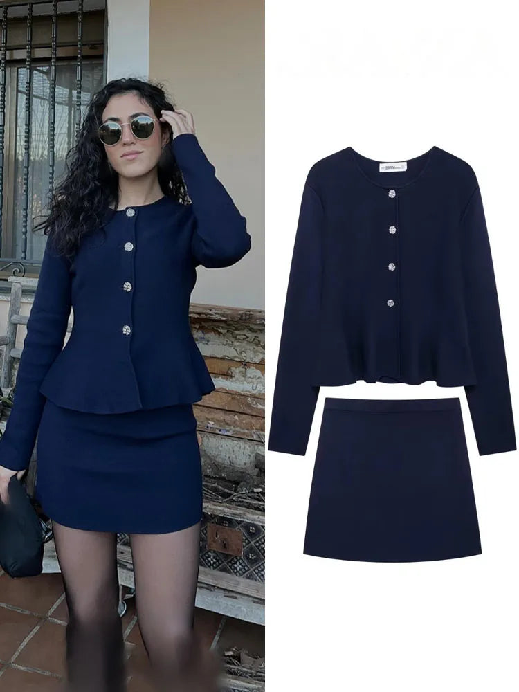 HH Women Skirt Suit O-Neck Single Breasted Long Sleeve Knitted Cardigan Top+Elegant Elastic Waist High Street Mini Skirt