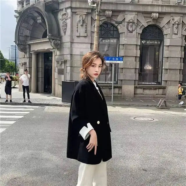 Long Blazers Woman Spring Casual Office Lady Lapel Double-breasted Slim-fit Elegant Solid Color Fashion Outerwear Minimalist