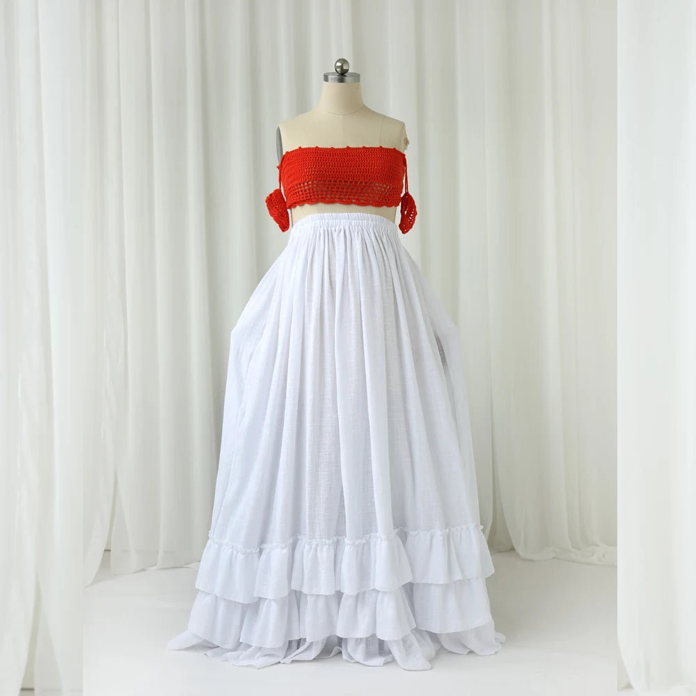 Knitted Bra&Linen Cotton Three-Layer Lace Boho Style Dress Two-Piece Set Photography Dress For Women Photography Props Dress