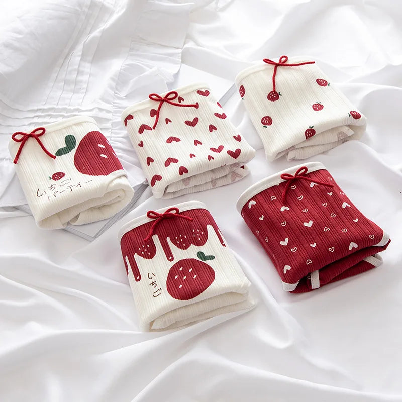 Cotton Panties Female Underpants Sexy Women Underwear Soft Lingerie Lace Up Briefs Strawberry Hearted Printed Pantys