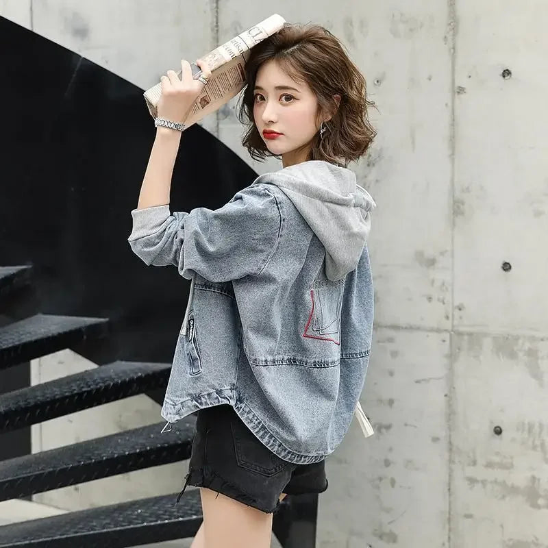Outerwears Embroidered Spring Autumn Hooded Female Jeans Coat with Print Graphic Women's Denim Jackets Luxury Low Price Harajuku