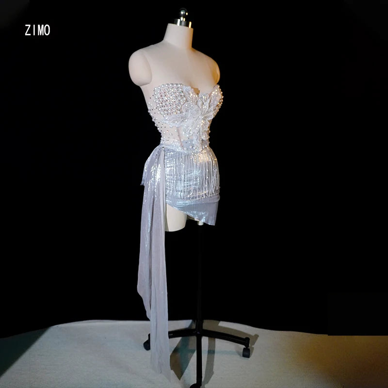 sexy women Two piece sets Evening Pearl dress nightclub party birthday wedding  stage flower dress singer pole dance clothing