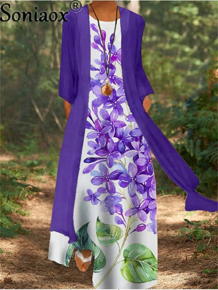 New Two-Piece Set Lady Flower Print Sleeveless Maxi Dress With Cardigan Hot Clothes Women 2025 Summer Boho Elegant Dresses Coat