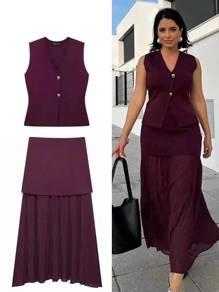 HH 2025 Women Skirt Set Wine Red Knitted V-Neck Sleeveless Slim Vest +Solid High Waist Zipper Patchwork Long Skirt Street