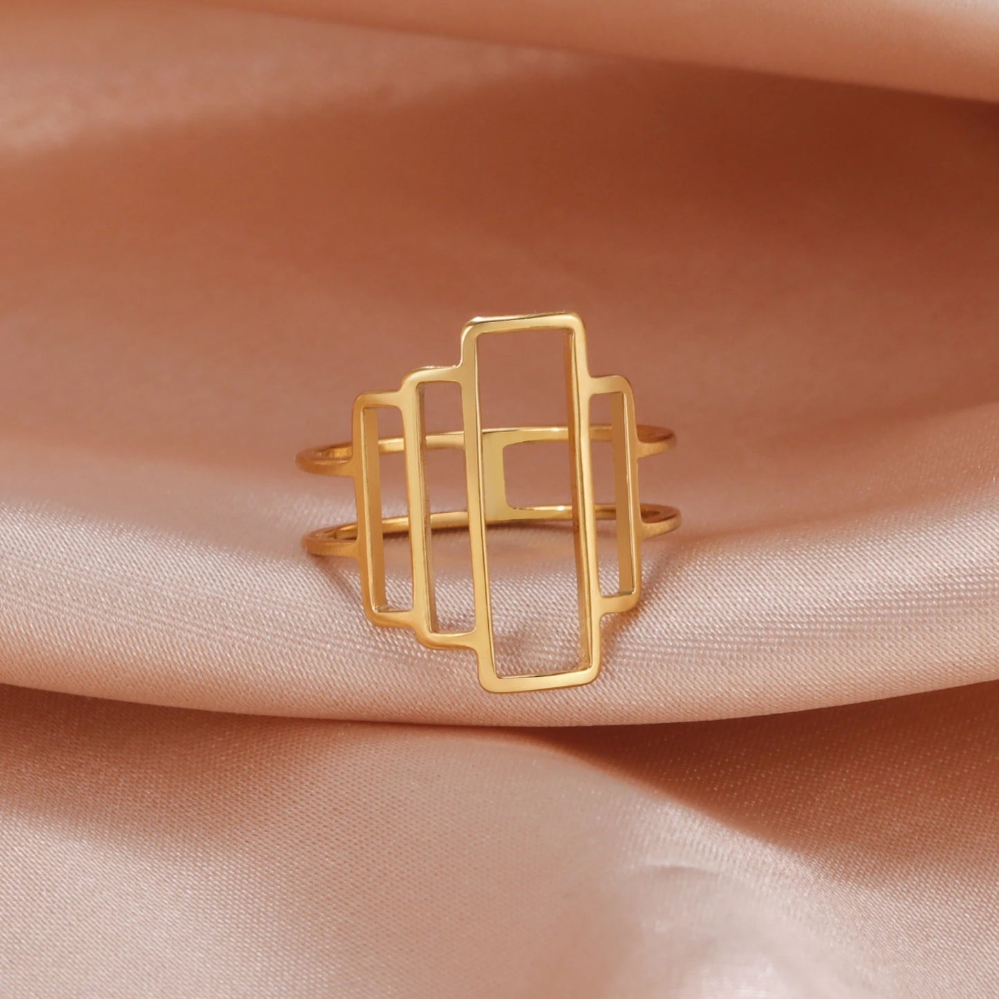 Fashionable and minimalist rectangular geometric ring with hollowed out lines geometric building ring minimalist couple ring