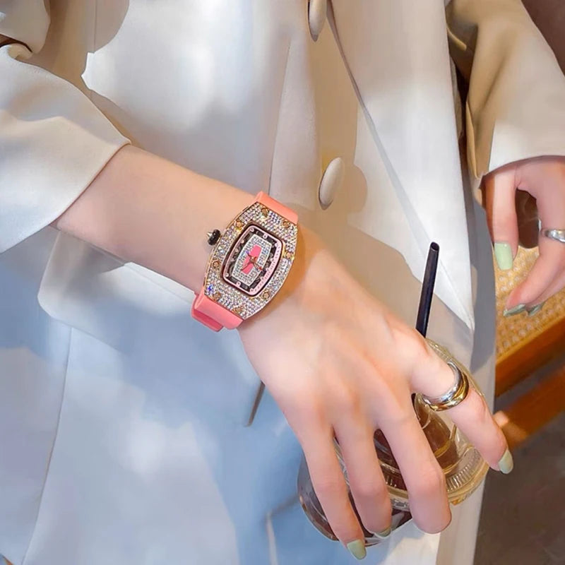 Watches for Women Silicone Sports Quartz Richard Tonneau Watch Girl's Diamond Wristwatch Reloj Mujer Elegante