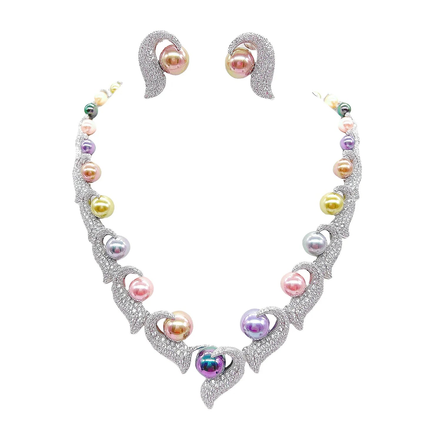 wedding bride jewelry sets silver gold color colorful pearls jewelry dinner party shiny zirconia anniversary gift women