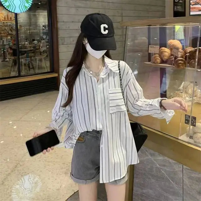 Striped Shirts & Blouses For Women Elegant Chic High Quality Clothing Trend 2025 Pretty Promotion Youth Cool Button Up Woman Top