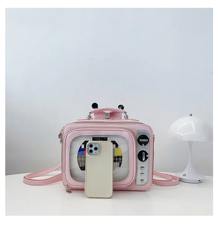 Cartoon Cute Handbags for Women Funny Retro TV Transparent Square Bag Fashion Leather Personalized Creative Shoulder Bag Woman