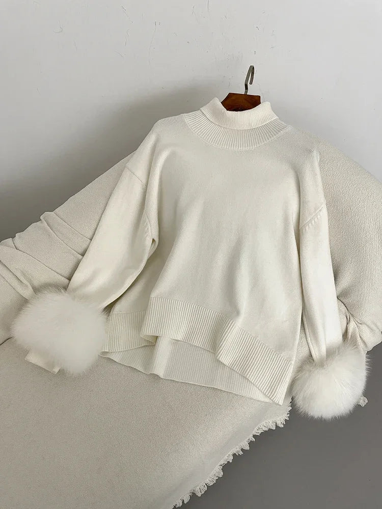 Sweater Women 2024 Autumn Winter Fashionable Sweaters with Real Fox Fur Sleeves Slim Fit Sweaters Fur Knitwear England Style
