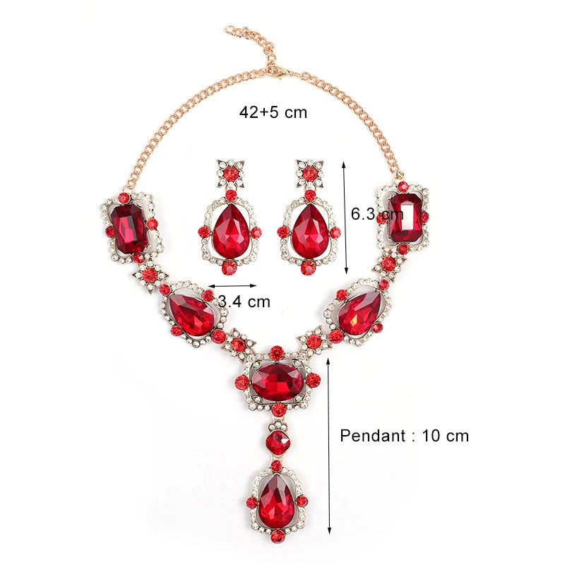 Wedding Jewelry Set Wholesale Big Beautiful Crystal Drop Earrings and Emerald Green Rhinestone Statement Necklace for Women