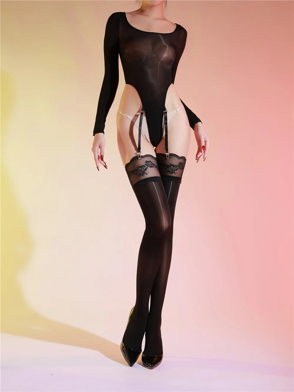 Sexy Women Garter High Cut Bodysuit Sheer See Through 5DThin Shaper Tights Bandage Elastic Leotard Pajamas Maid Wear